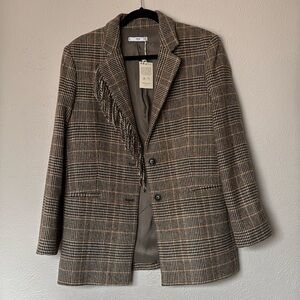 Plaid blazer with fringe detail
